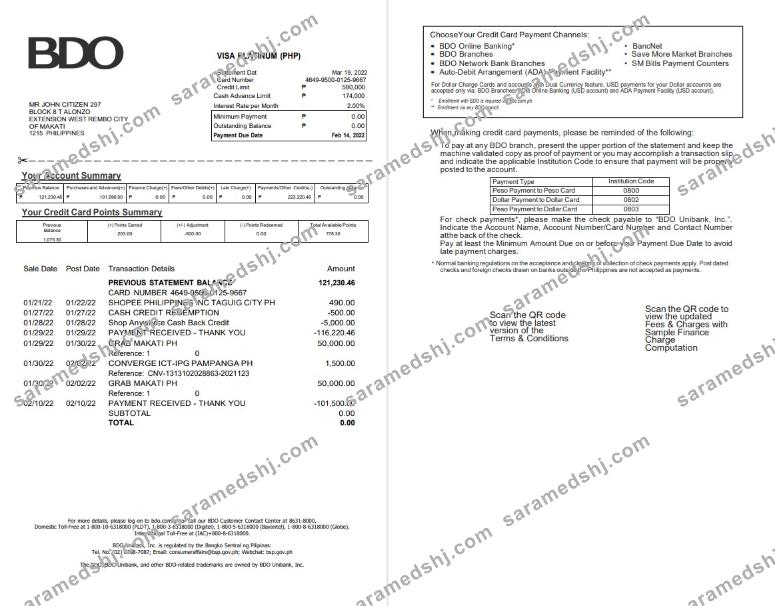 Philippines BDO bank credit card statement 2 pages